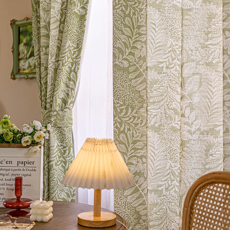 American Printed Green Cotton and Linen Small Fresh Living Room Semi-blackout Bedroom Curtains Retro Nordic Style Home Garden