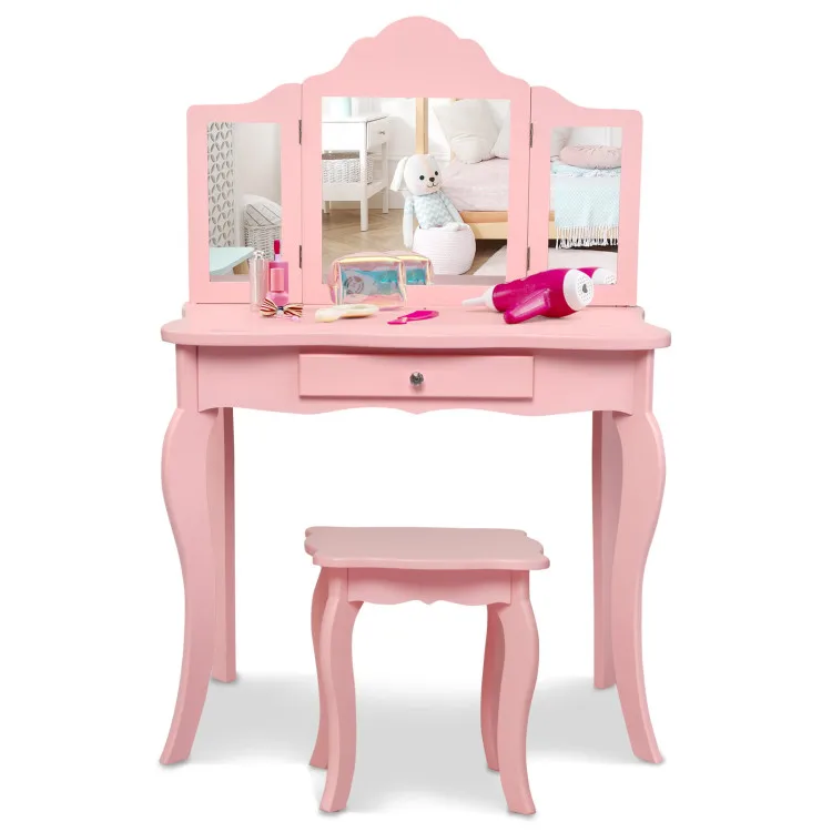 Kids Dressing Vanity Set with Mirror and Stool Sturdy in Structure Vanity Set Kid's Furniturepromote sales