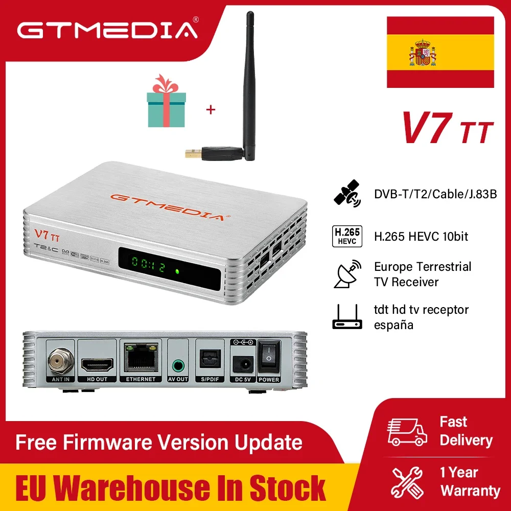 GTMEDIA V7 TT مستقبل التلفزيون TDT HD اسبانيا 2024 DVB-T2 استقبال التلفزيون الأرضي H.265 HEVC 10Bit ، دعم وحدة فك ترميز CCAM مع USB WIFI
