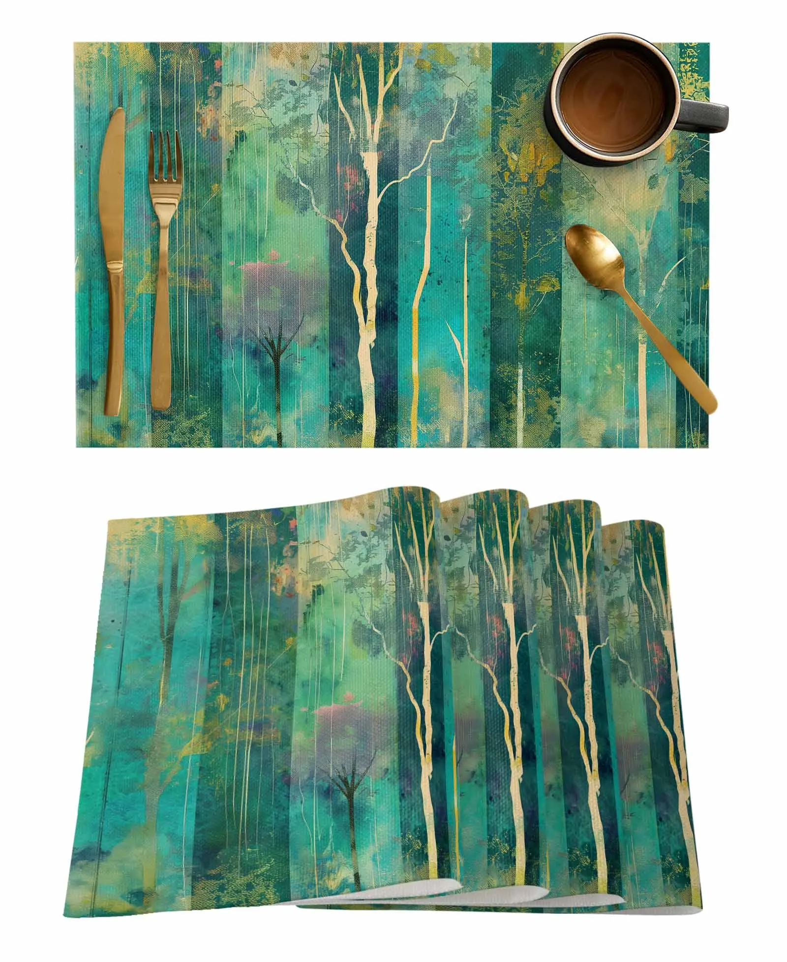 Oil Painting Abstract Tree Sunset Coffee Dish Mat Kitchen Placemat Dining Table Rug Dinnerware 4/6pcs Pads