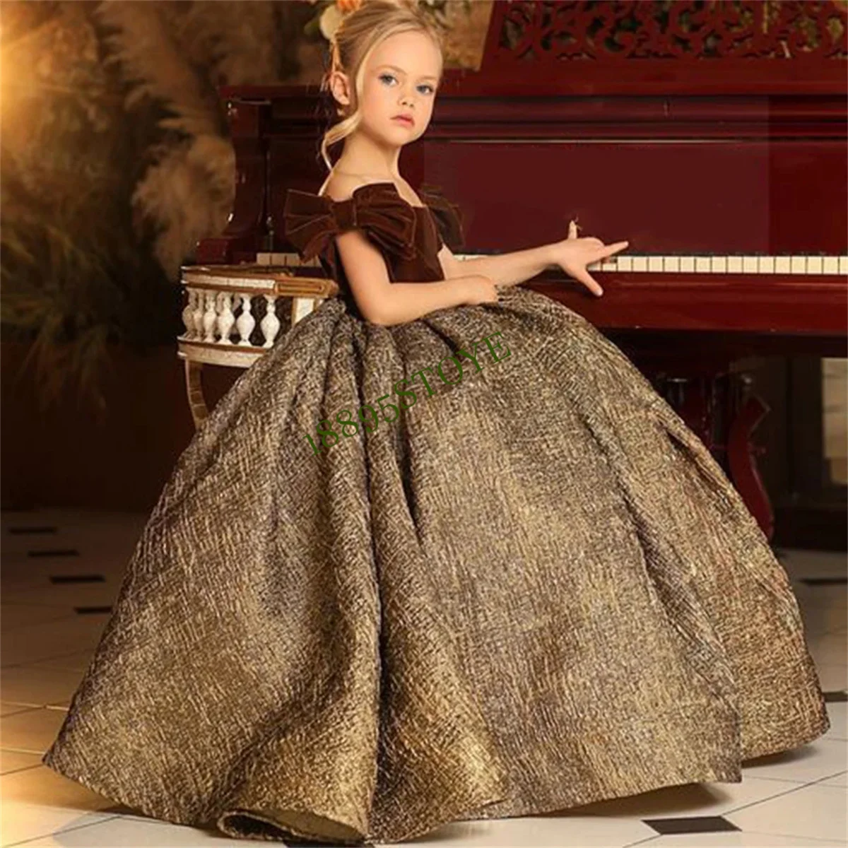 

Suede Splicing Ball Gown Flower Girl Dress Exquisite Party Kids Birthday Sleeveless Floor Length Bow Princess Evening Dresses