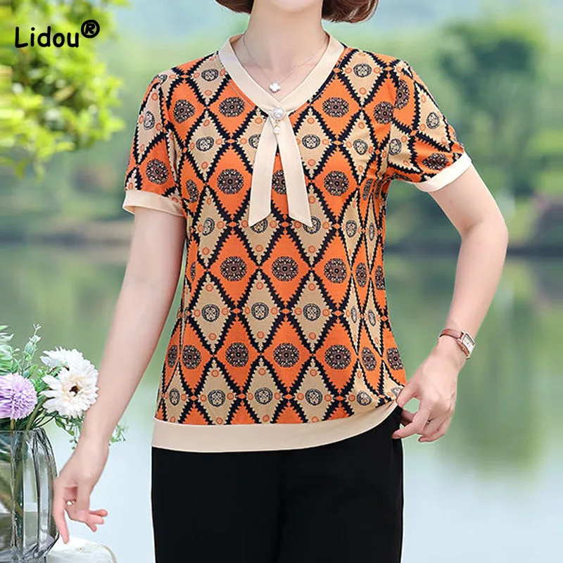 

Elegant All-match Short Sleeve Printed Spliced T-shirt Female Fashion Casual Beading Round Neck Tops Summer Women's Clothing