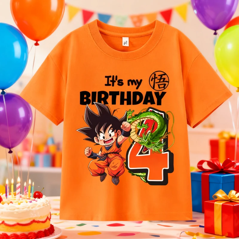 Dragon Ball Birthday 1-9year T-shirt Anime Figure Goku Clothes Boy Cotton Tops Summer Short Sleeve Round Neck Tees Birthday Gift