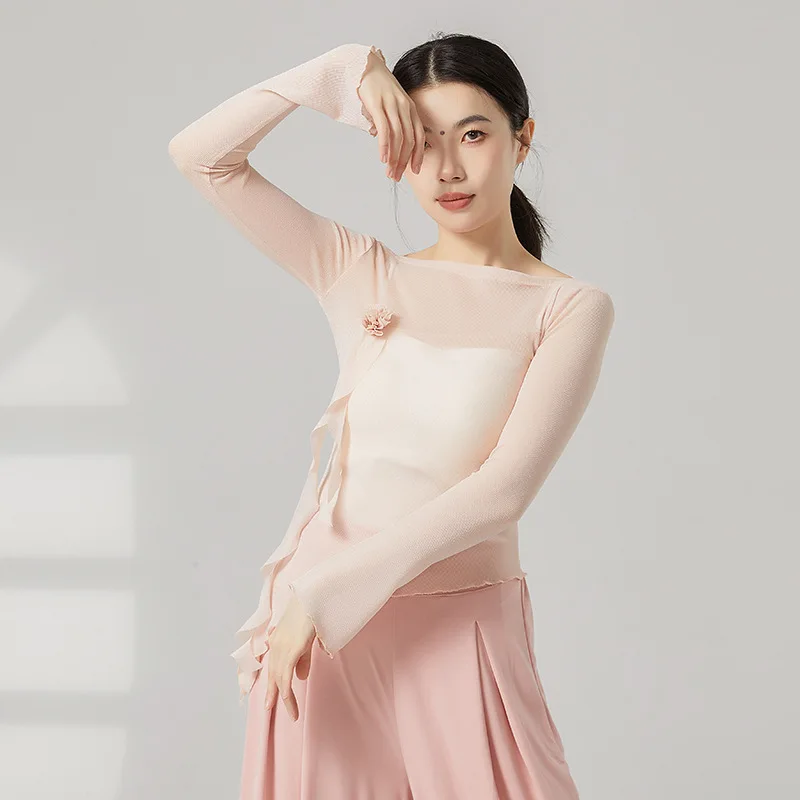 Volwassen Bloem Bling Mesh Slanke Semi Transparante Lange Mouw Asymmetrische Zoom Buikdans Blouse Kostuums voor Vrouwen Danskleding