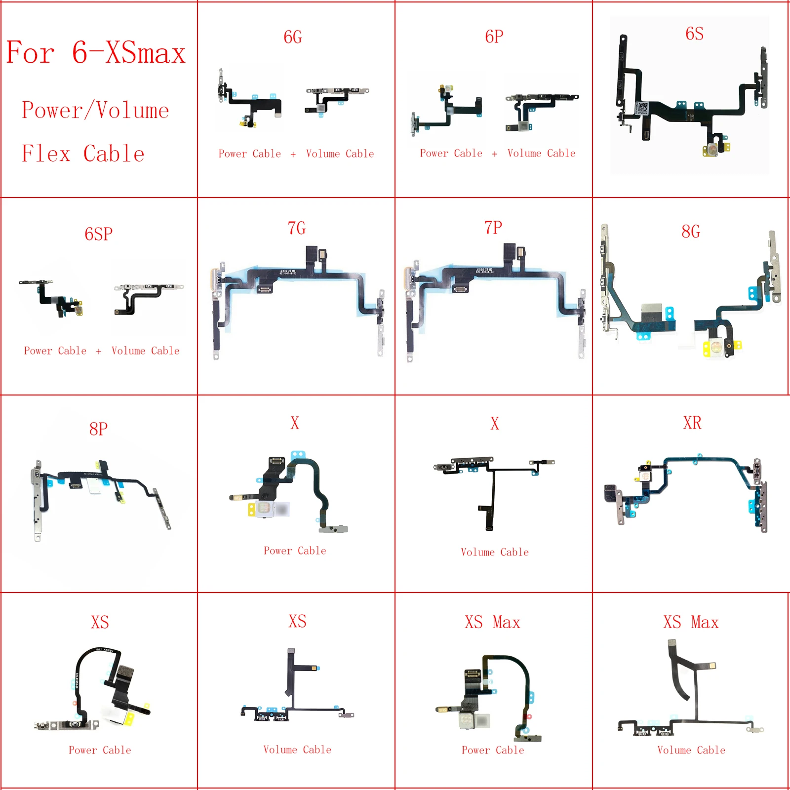 

High-Quality Power Flex Cable For iPhone X XR XS MAX 6 6s 7 8 Plus 7G 8G 6G Mute & Volume Button Switch Key With Metal Parts