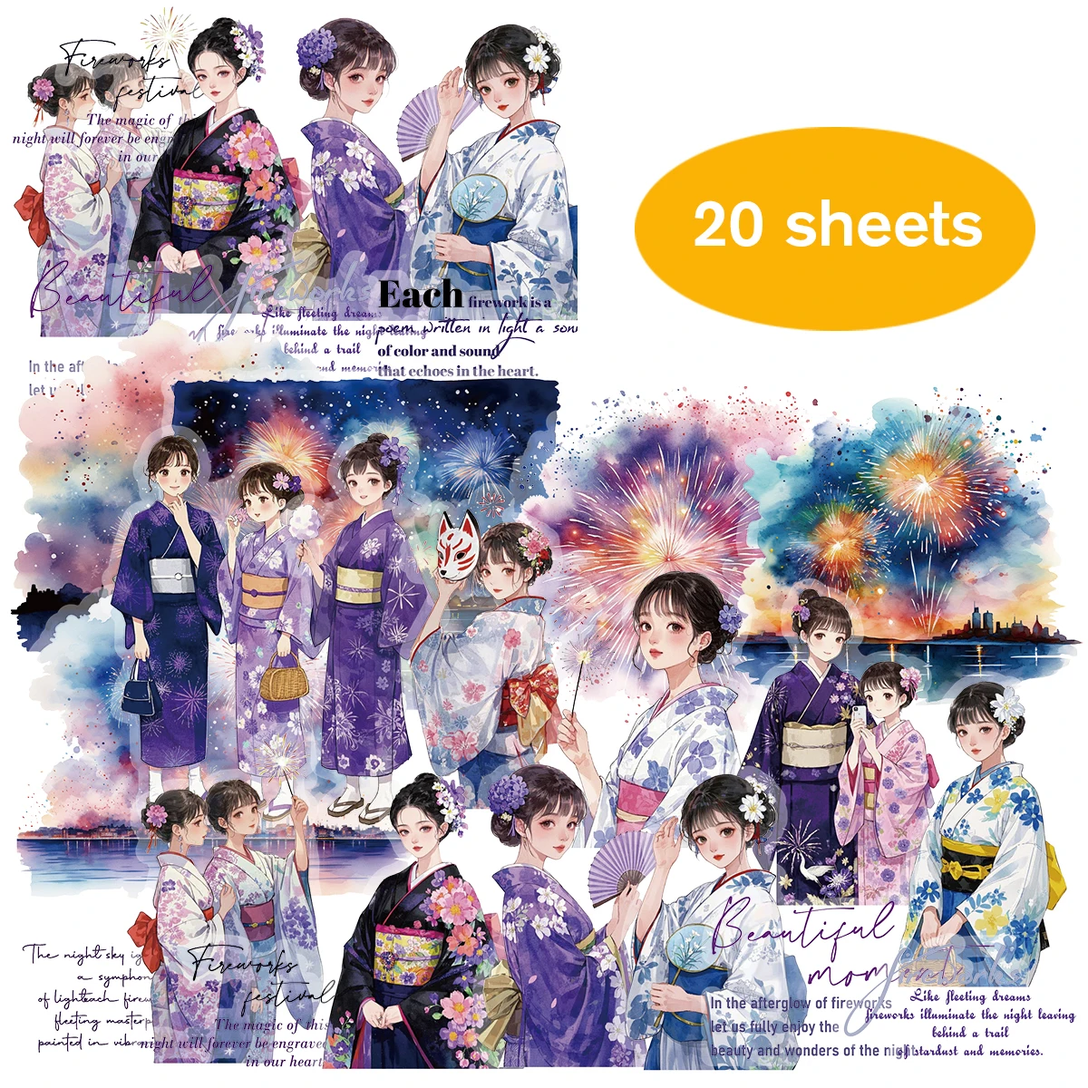 

20 шт., японское кимоно, фейерверк, наклейки с фигурками девушки для ноутбуков, бутылок с водой, багажа и мобильных телефонов, сумки для ручек