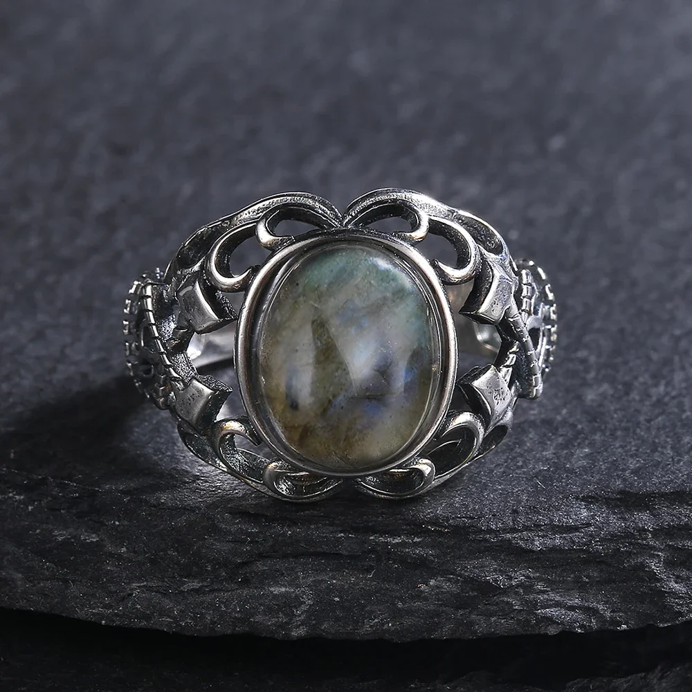 925 Sterling Silver Rings 10*12mm Natural Lapis Lazuli Labradorite Axe Hollow Design Jewelry for Women Turquoise Ring Gift