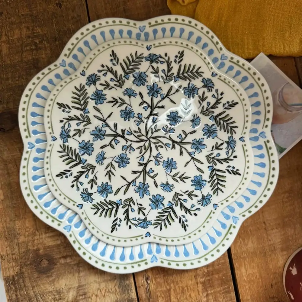 Flower Edge Ceramic Plate Rtro Dish Classic Western Dinner Plate Tableware Household Creative Steak Flat Plate