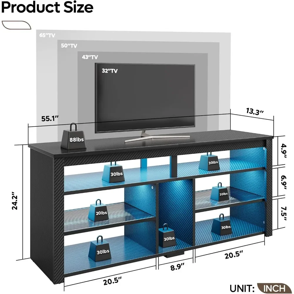 LED Tall TV Stand, Gaming TV Console with Storage for PS5, Adjustable Shelf Modern High TV Cabinet for Living Room