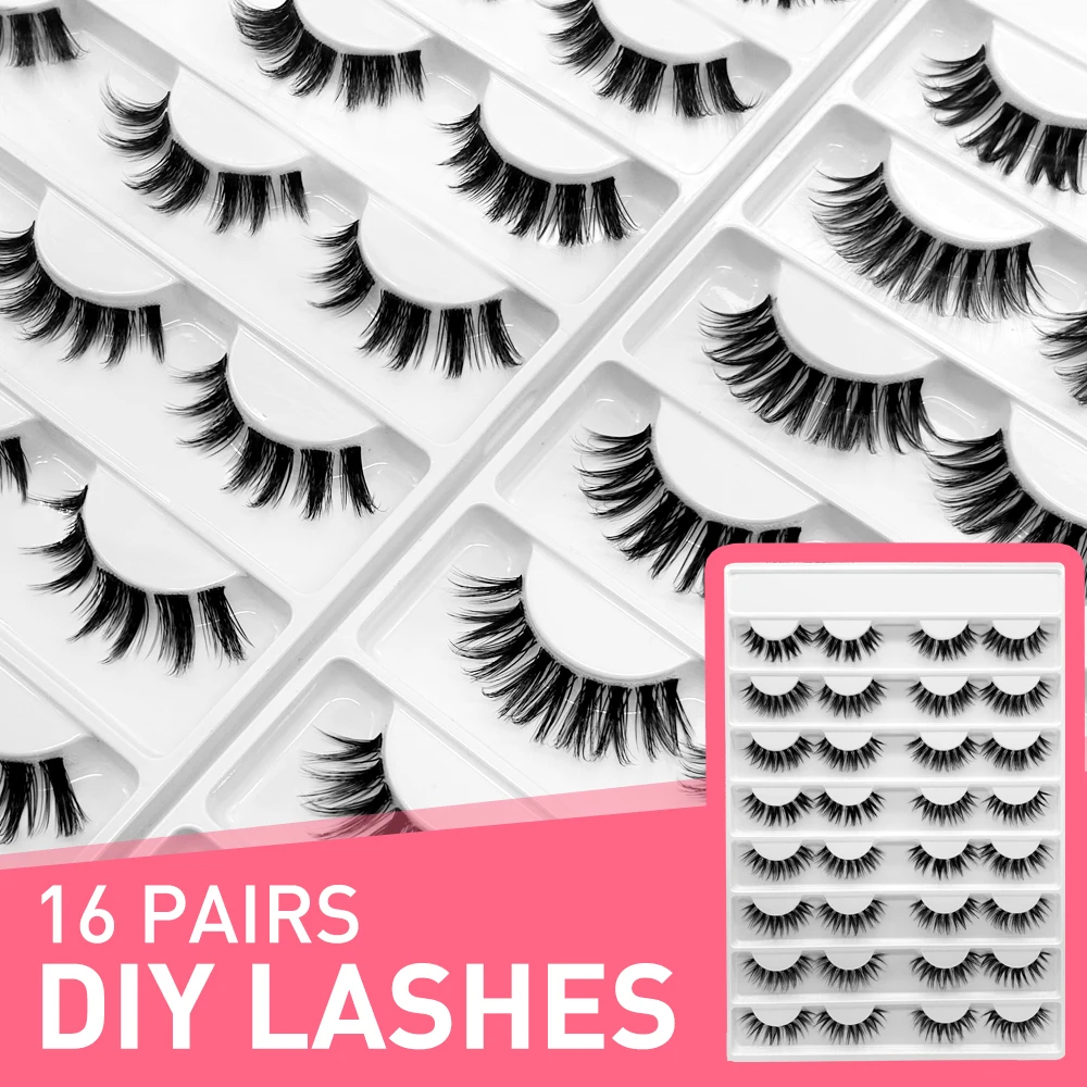 

16Pairs Cluster Lashes Mink Fluffy False Eyelashes Long Volume Individual Lashes Dramatic Eyelash Extensions DIY Fake Lashes