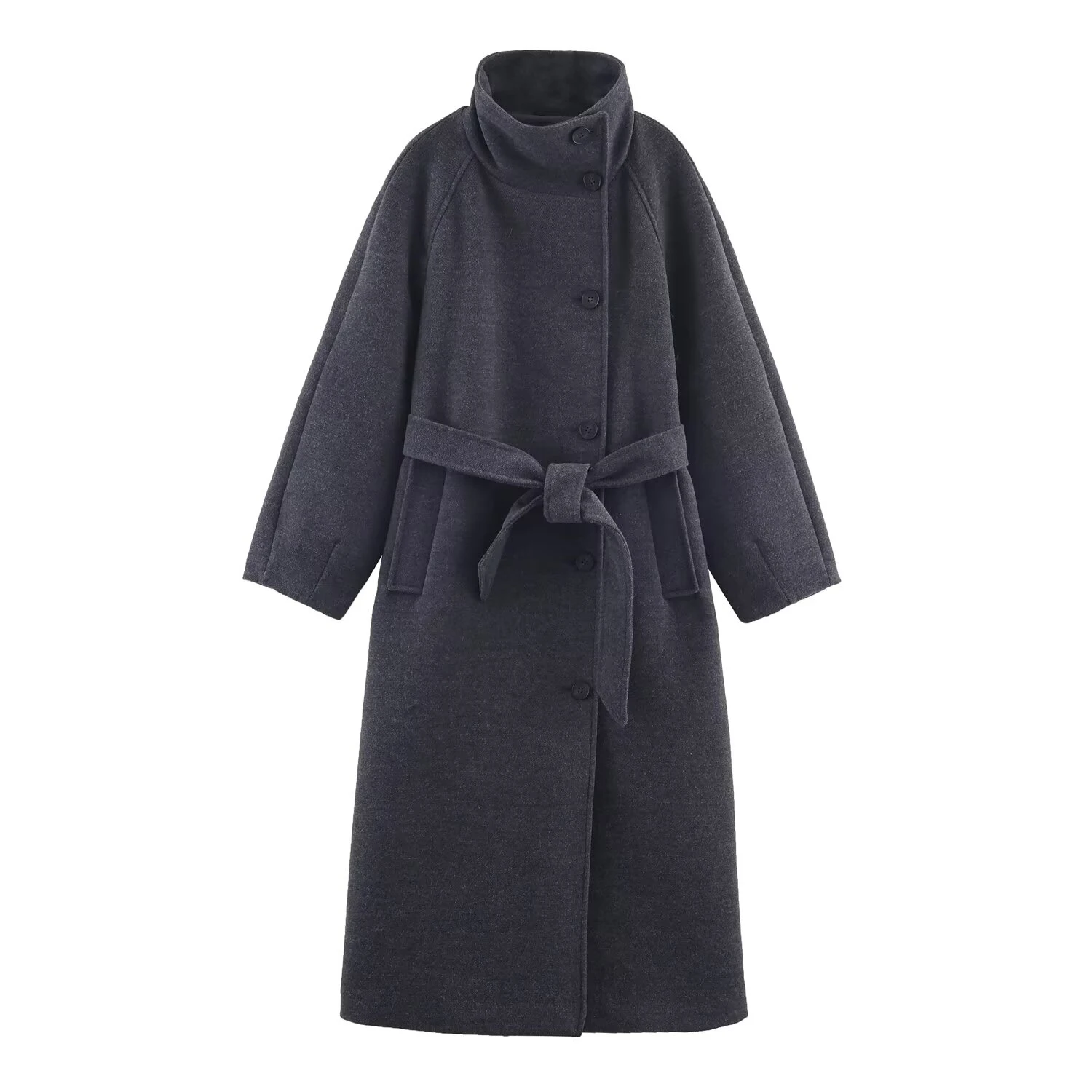 

European and American style women's clothing new fashion versatile solid color long sleeved stand up collar belt coat jacket