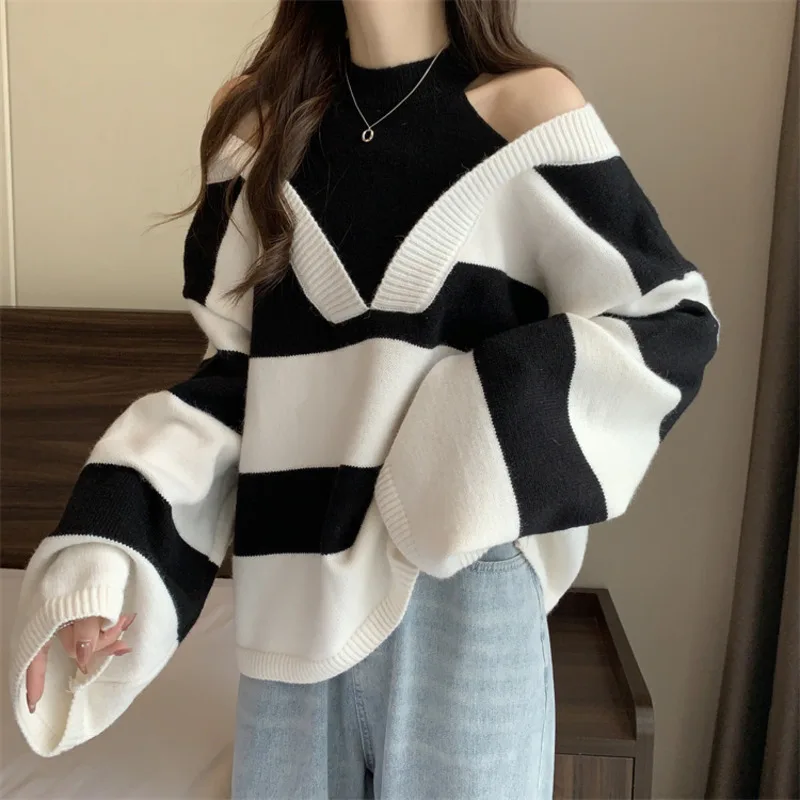 Unique Design Fake Two Pieces Halter Strapless Women\'s Long Sleeved Knitted Sweater Fashion Trends Knitwear Loose Fitting Top