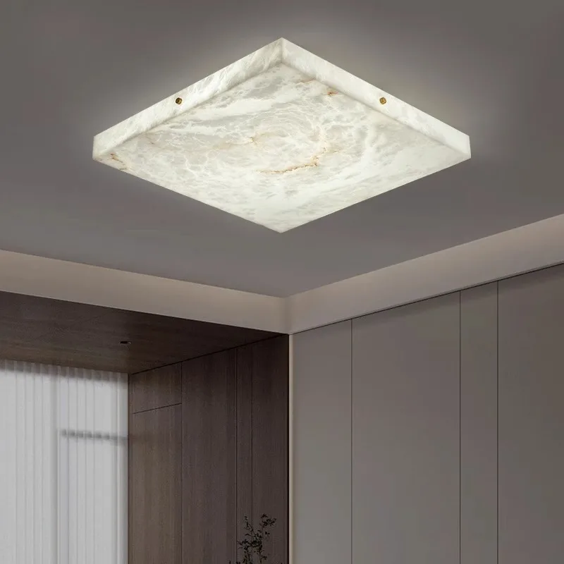 

Interior Home Decor Post-Modern Minimalist All-Copper Square Round Natural Alabaster Marble Ceiling Light