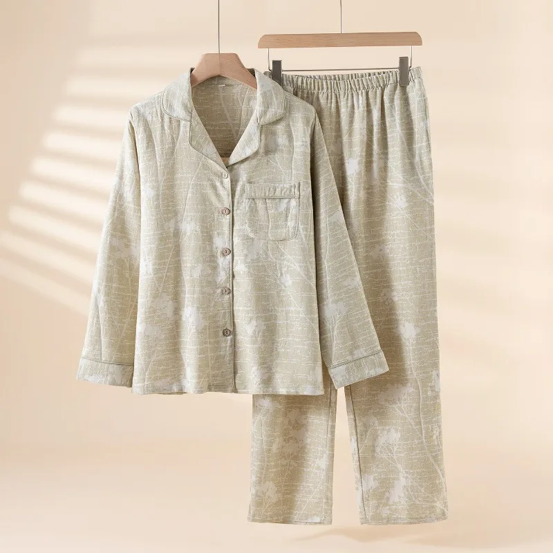 100% Cotton Crepe Pajama Set Women and Men Japanese Style Textured Loungewear Breathable Soft 2 Piece Long Sleeve Sleepwear
