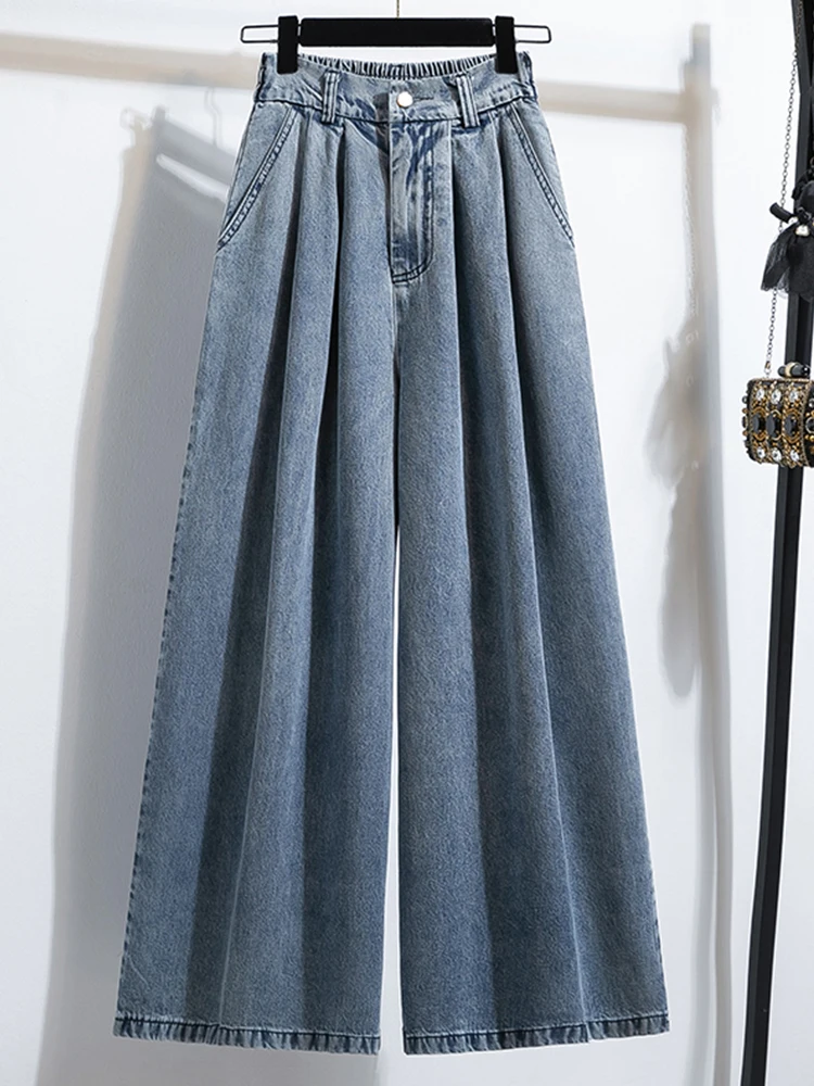 

Loose High Waist Wide Leg Silk Denim Jeans Women plus Size Spring Casual Style Multi Pocket Design Slimming Straight Floor-Le...