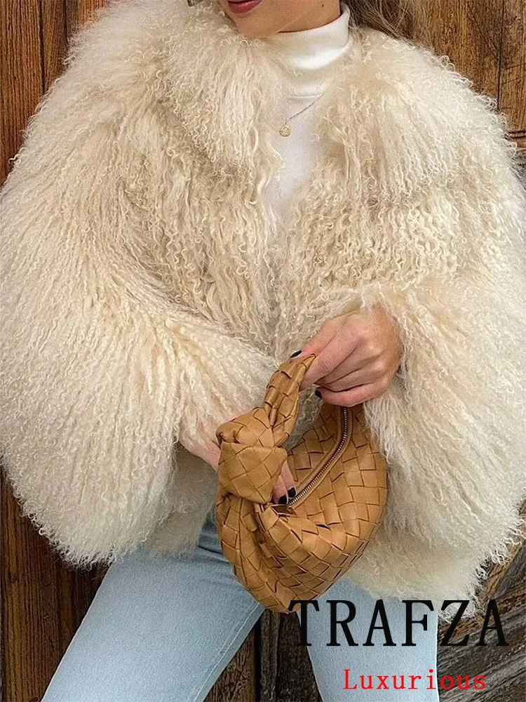 TRAFZA Vintage Casual Chic Women Fur Coat Solid O-Neck Single Breasted Thick Faux Fur Top Fashion 2024 Autumn Winter Holiday Top