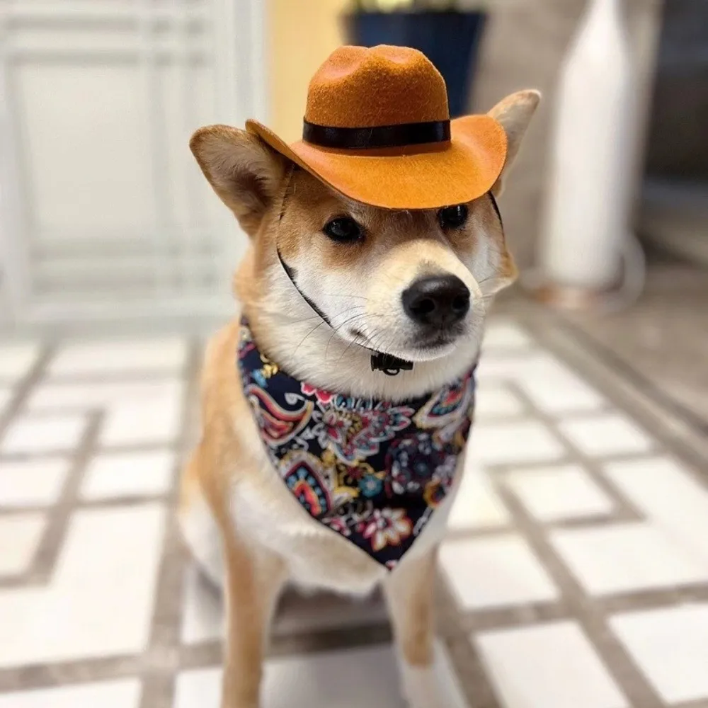 

Headwear Cute Pet Western Cowboy Hat Set Adjustable Breathable Pet Cowboy Hat Comfortable Cats Triangle Scarf Holiday Costume