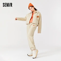 Semir Suit Women Lapel Top Imitation Lamb Wool 2023 Winter New Embroidered Jacket Trousers Two-Piece Set