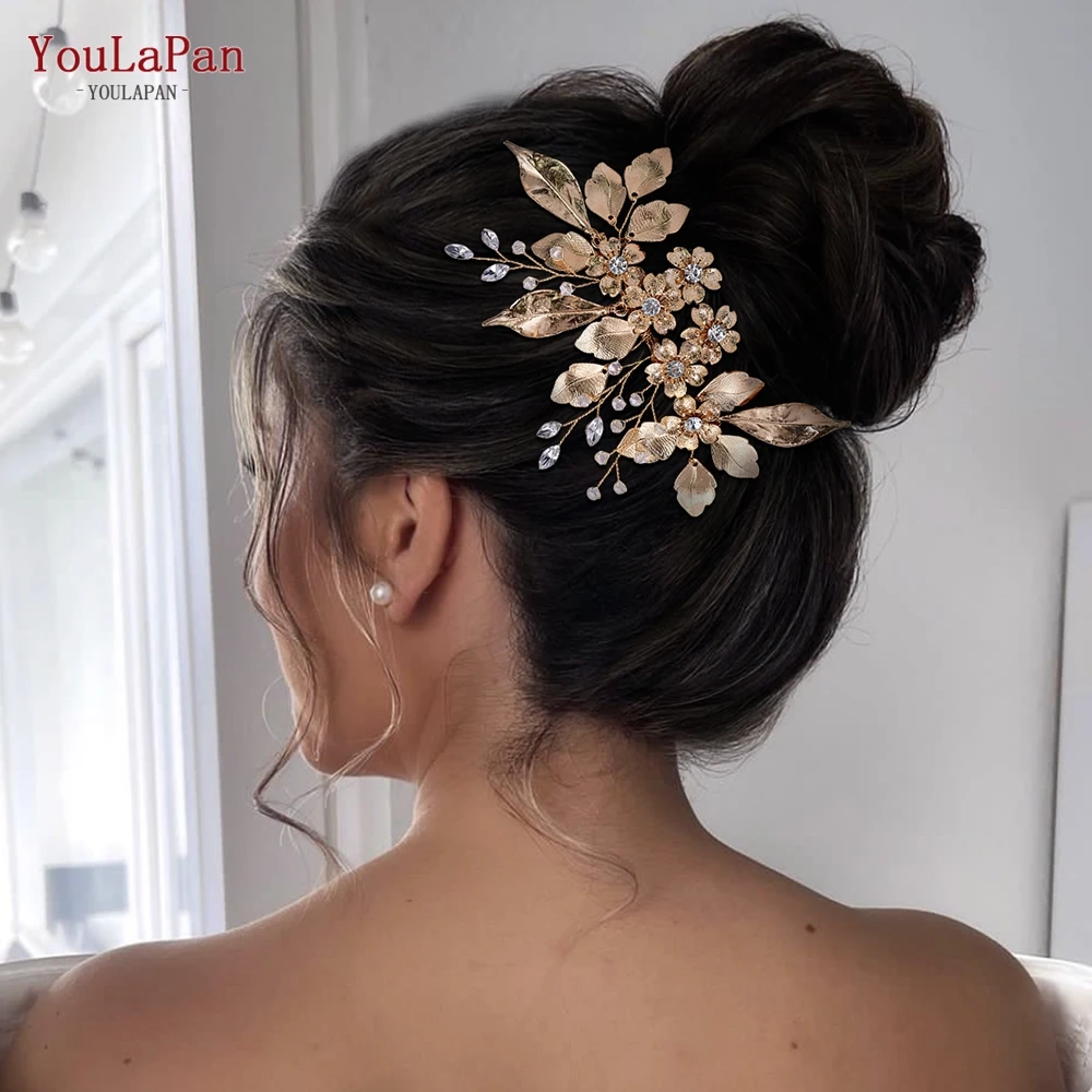 YouLaPan Alloy Leaves Hair Comb Bridal Wedding Hair Accessories Handmade Rhinestone Hairpiece Woman Crystal Headwear HP297