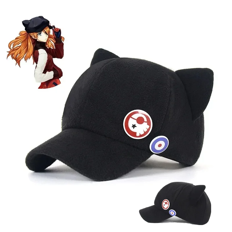 Anime Cute Cat Ears Asuka Langley Soryu Cosplay Cotton Hat Adult Girls Baseball Cap Badge Prop Party Accessories