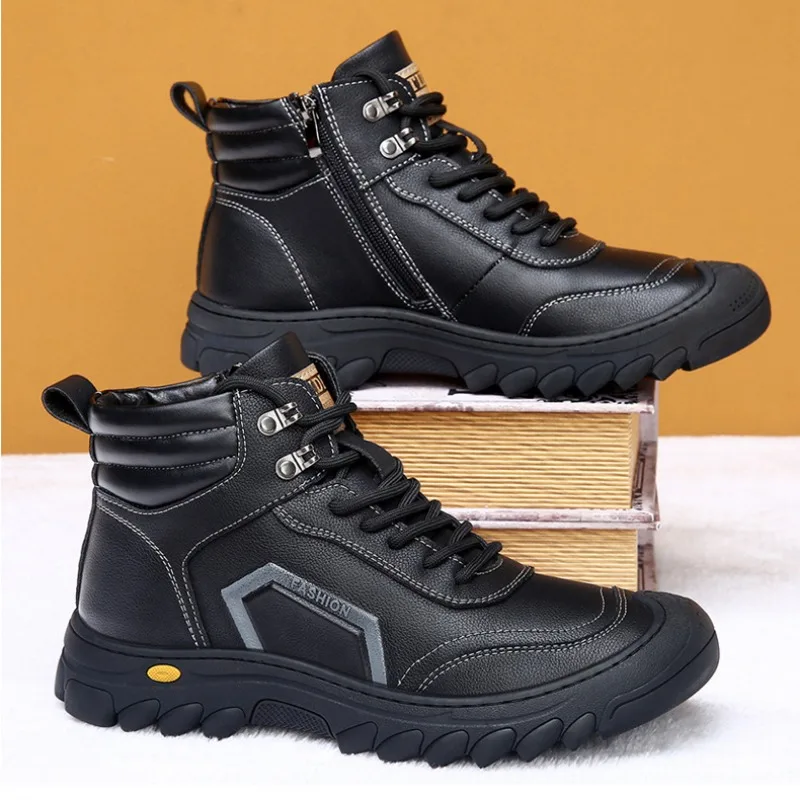 Botas de plataforma quentes de veludo de couro de inverno para homens moda sola macia aumentar sapatos masculinos designer casual lã tornozelo botas masculinas