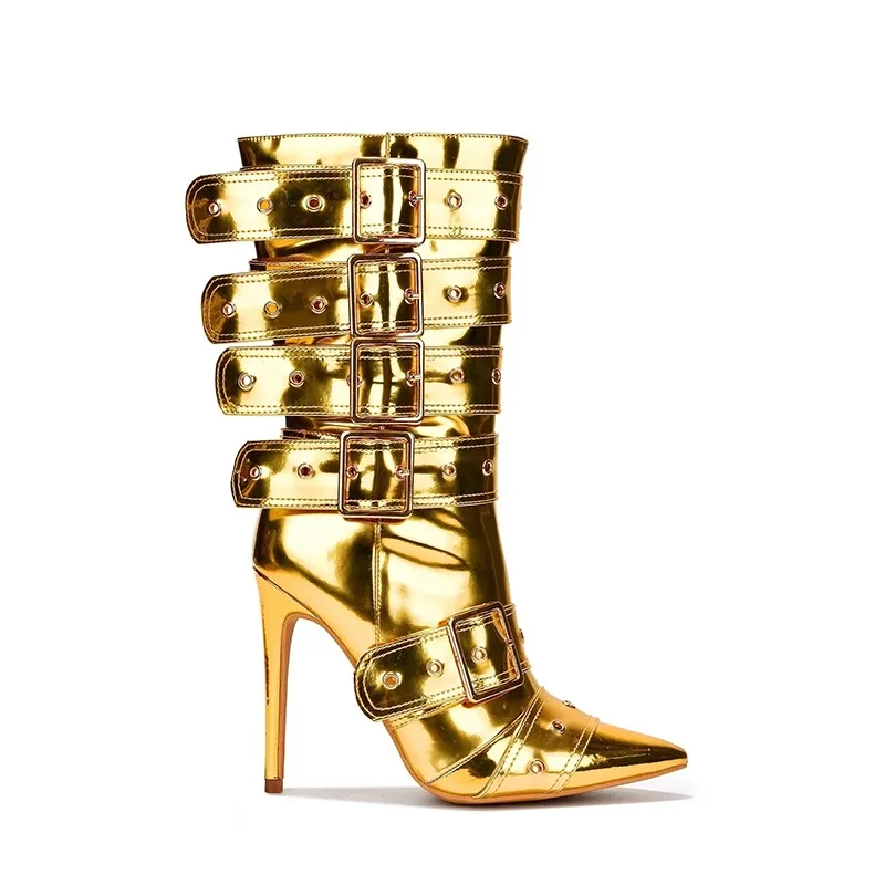 Fashion Runway Belt Buckle Pointed Golden Black Mid-calf Boots 2023 New European American Slim High Heels Women's Shoes Size 43