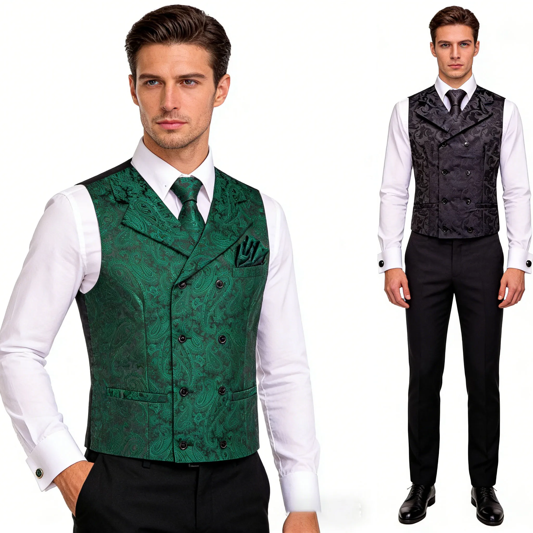 

Мужской черно-зеленый жаккардовый жилет с цветочным узором пейсли, галстук и запонки для свадьбы и деловых мероприятий