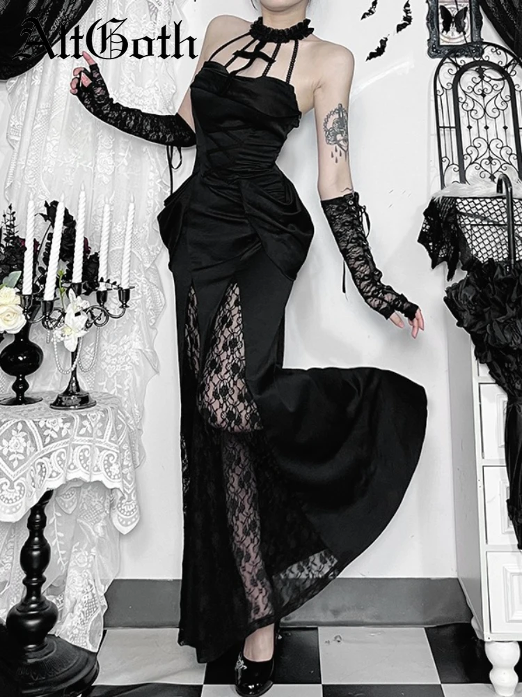 

AltGoth Aesthetic Gothic Party Dress Women Fairycore Grunge Sexy Elegant Sweet Lace Patchwork Halter Bandage Corset Dress Female