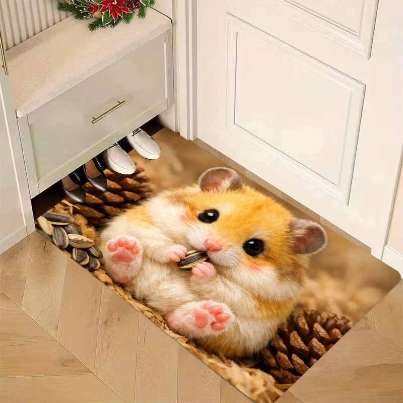 VIKAMA Cute Golden Hamster Floor Mat Lovely Pet Pine Nut Print Non‑slip Absorbent Rug Multiple Size Options For Bedroom Rug