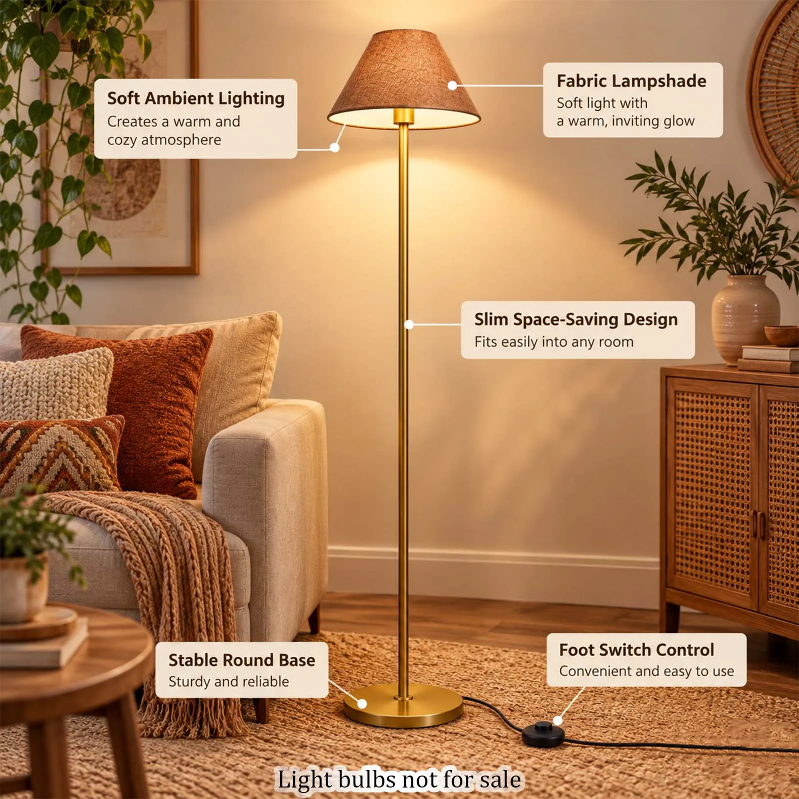 Gold Boho Floor Lamp with Brown Woven Cone Shade and Foot Switch and Straight Plug for Warm Living Room