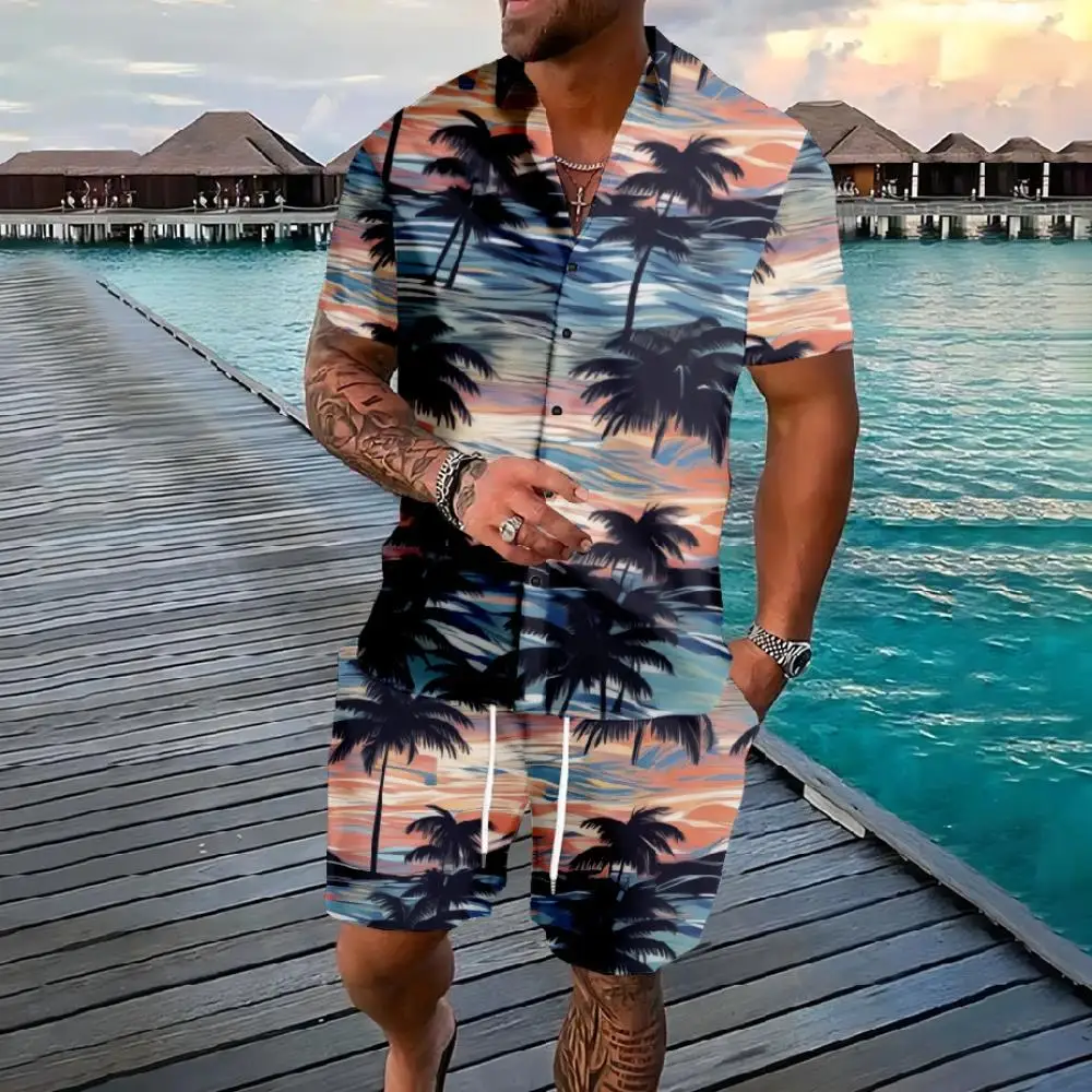 Men Hawaiian Sunset Palm Tree Button Shirt Shorts Dress Color Pineapple Set Street Wear Casual Beach Wear