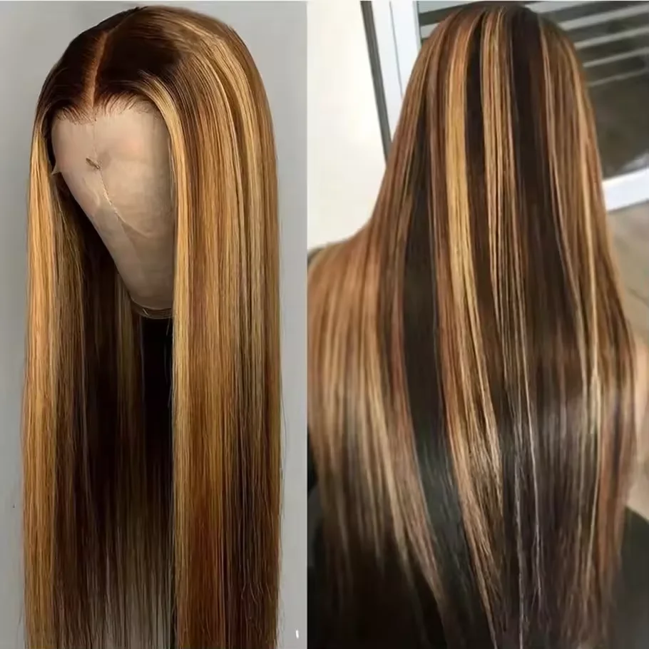 13x6 Straight Highlight Colored Human Hair Wig Pre Plucked Transparent Lace Front Wig for Women Brazilian Remy Hair Bleached Knots Glueless Natural Hairline With Baby Hair