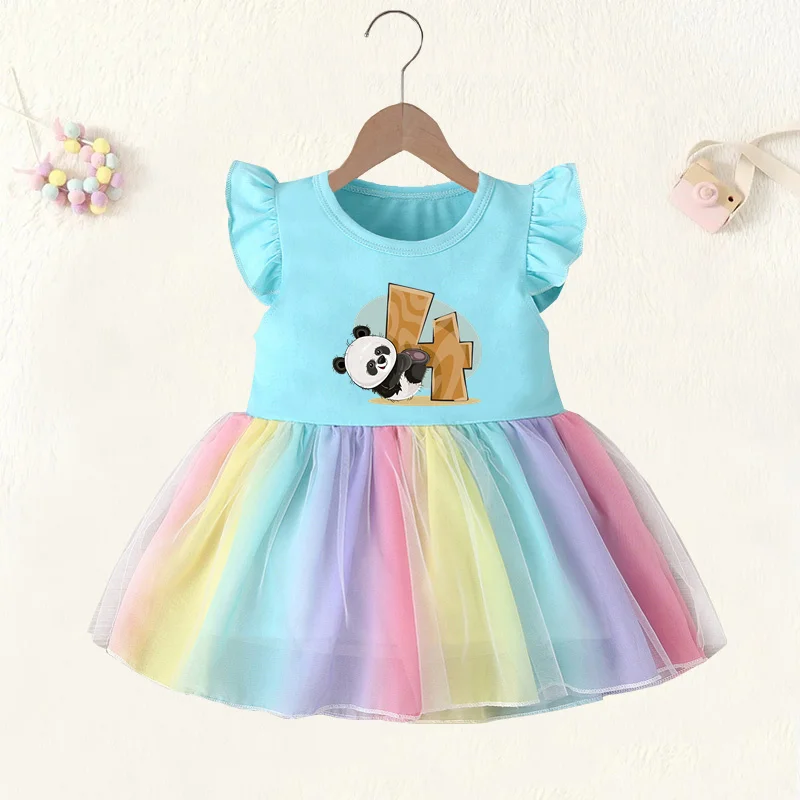 Baby Girl Clothes 1 2 3 4 Years Birthday Dress Cute Panda Animal Print Princess Pink Vestidos Toddler Girls Rainbow Mesh Dresses