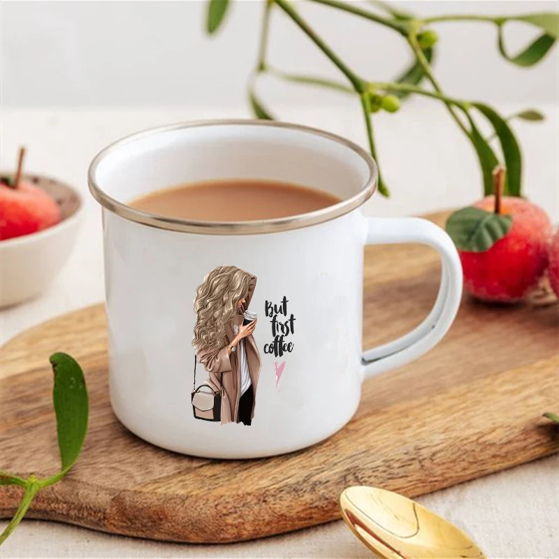 But First Coffee Girl Printed Mugs Creative Coffee Cup Drinks Dessert Breakfast Milk Cups Enamel Mug Handle Drinkware Best Gifts