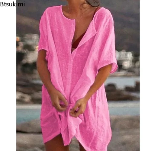 Imagen 2 del producto 2025 Vestido de playa de lino y algodón para mujer, vestidos por debajo de la rodilla informales lisos de verano, túnicas holgadas suaves, vestido camisero para mujer, bata S-5XL