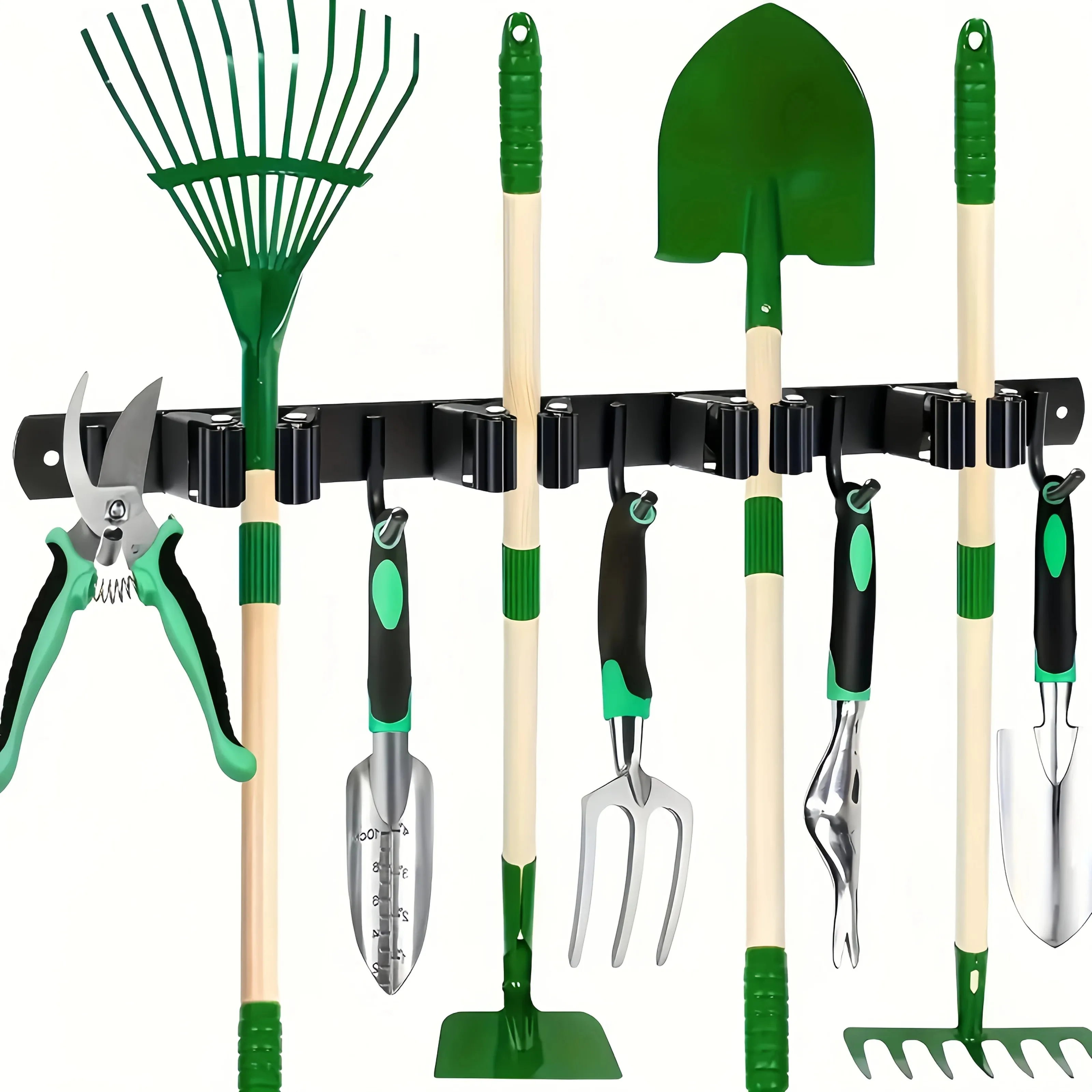 1 Heavy-Duty Metal Tool Rack with 4 Slots and 5 Hooks - Wall-Mounted Garden Tools, Broom, Mop and Garage Equipment, Tool Rack St