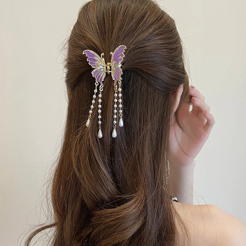 Trendy Colorful Metal Pearl Rhinestone Butterfly Hair Clip Women Luxury Superior Temperament Pendant Ponytail Hair Accessories