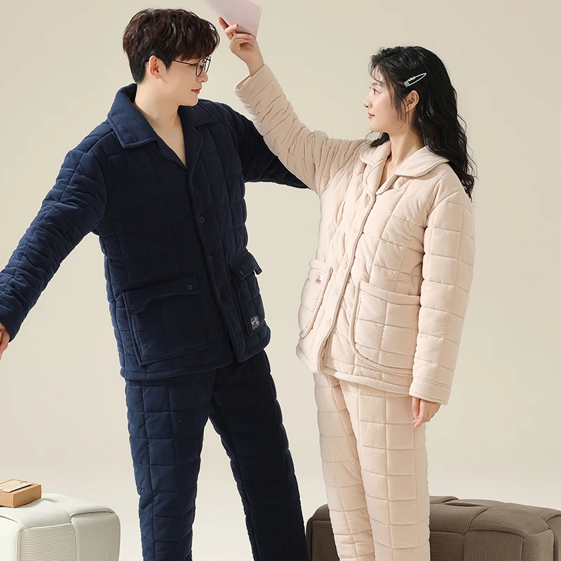 Couple Pajamas Set Men Women Turn-down Collar Pyjamas Male Female 3 Layer Clip Cotton Home Suit