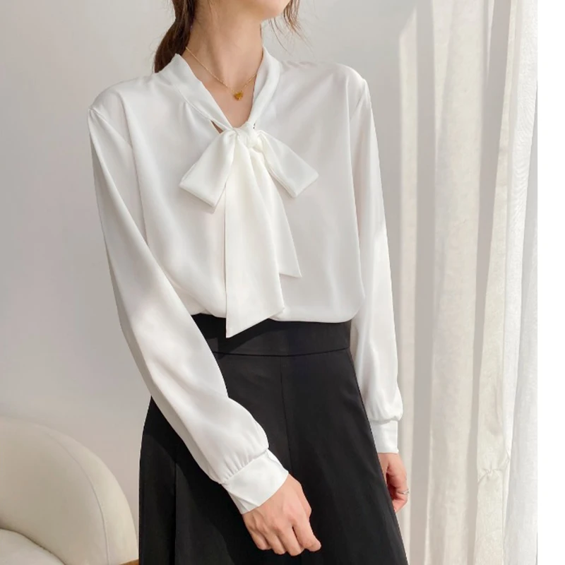 New 2024 Spring White Chiffon Blouse Women Long Sleeve V Neck Tie Korean Style LadY Work Wear Shirts & Blouses Elegant Tops