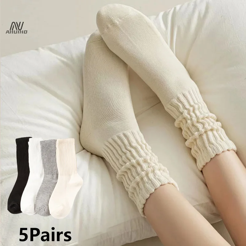 5Pairs Y2K Millennium Style Premium Feel Versatile Pile Up Socks Vintage Casual Breathable Soft Sports Socks