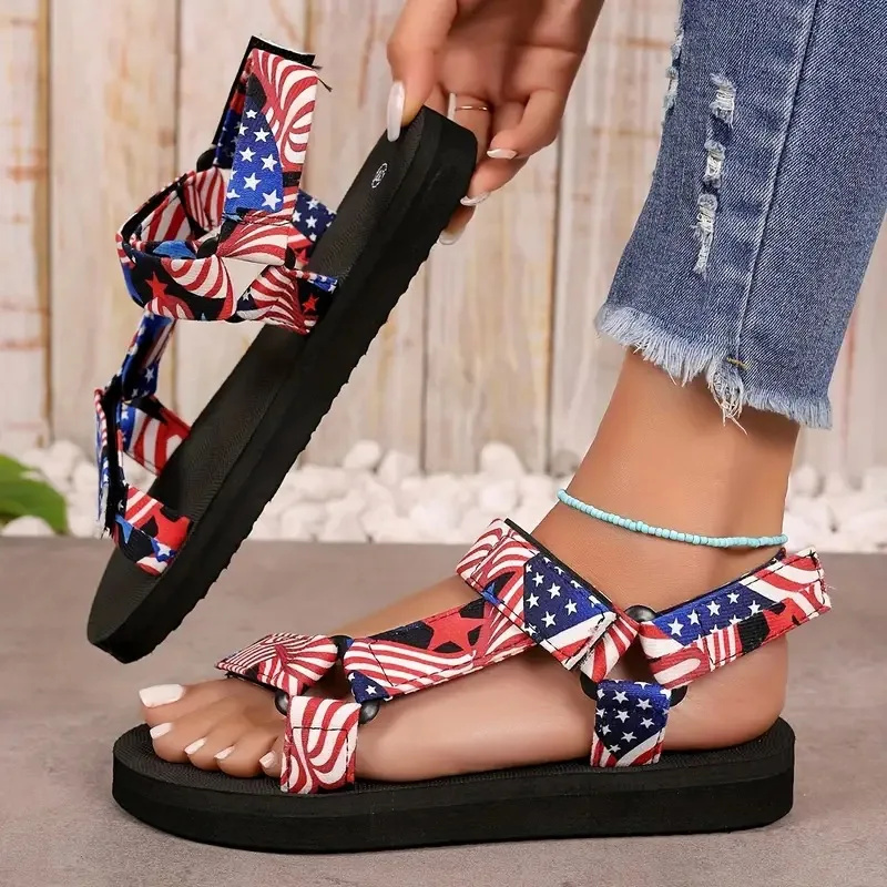 Summer New Thick-Soled National Flag Color-Blocked Fabric European and American Open-Toe Beach Sandals for Women
