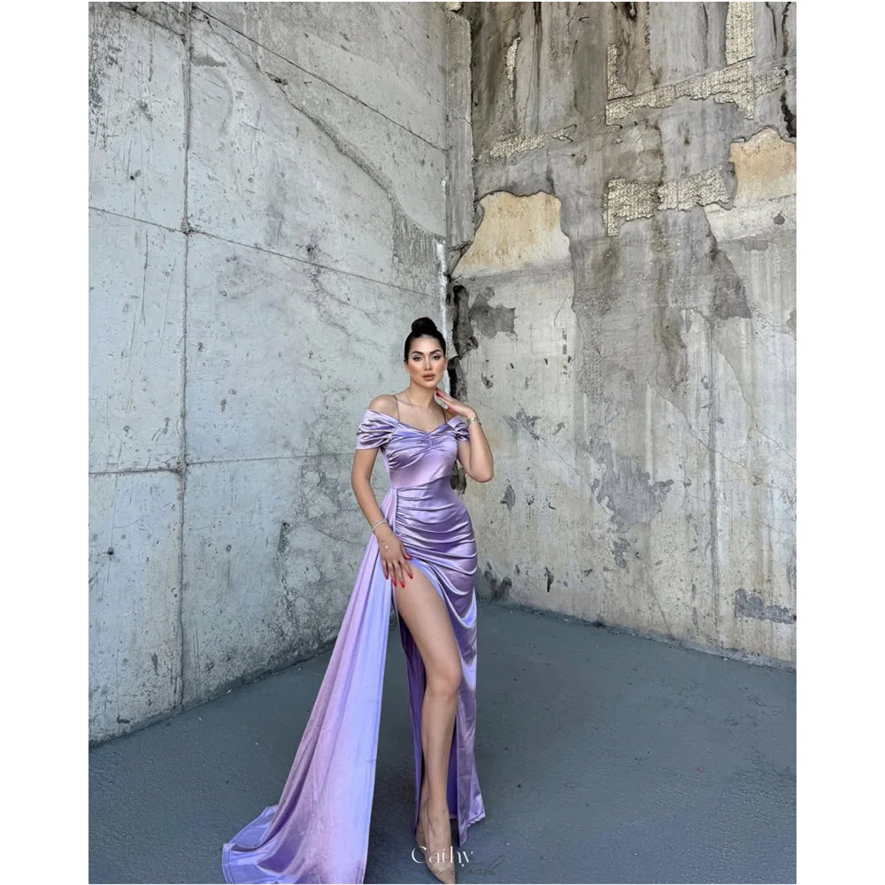 

Cathy Customized Off Shoulder Asymmetrical Side Split Prom Dresses Spaghetti Strap vestidos de noiva Sleeveless Formal Evening