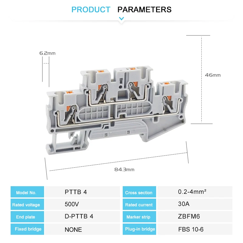 PTTB 4 Din Rail Terminal Block 4mm² 2 Level Push-in Cable Wire Connector Electrical Double Layer PTTB4