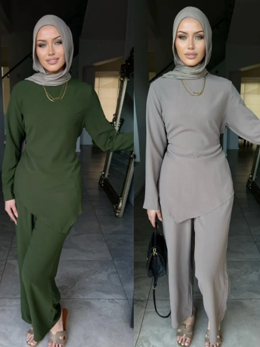 

Женские мусульманские комплекты в арабском стиле, Дубае, Абая, однотонный повседневный топ с брюками, костюмы, скромный кафтан, халат, африканский женский комплект исламской одежды