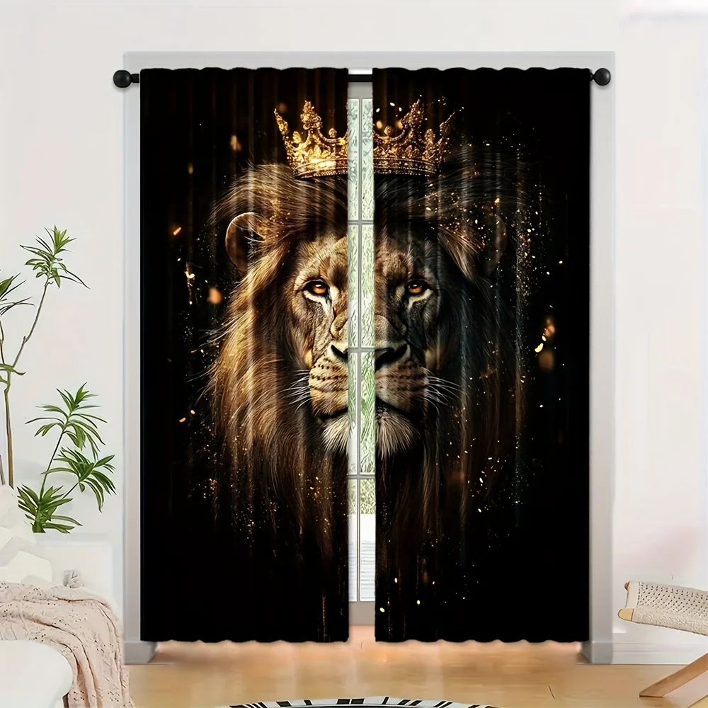 2pcs Lion King Crown Curtains Majestic Animal Print Blackout Drape Living Room Bedroom Window Treatment Home Decor
