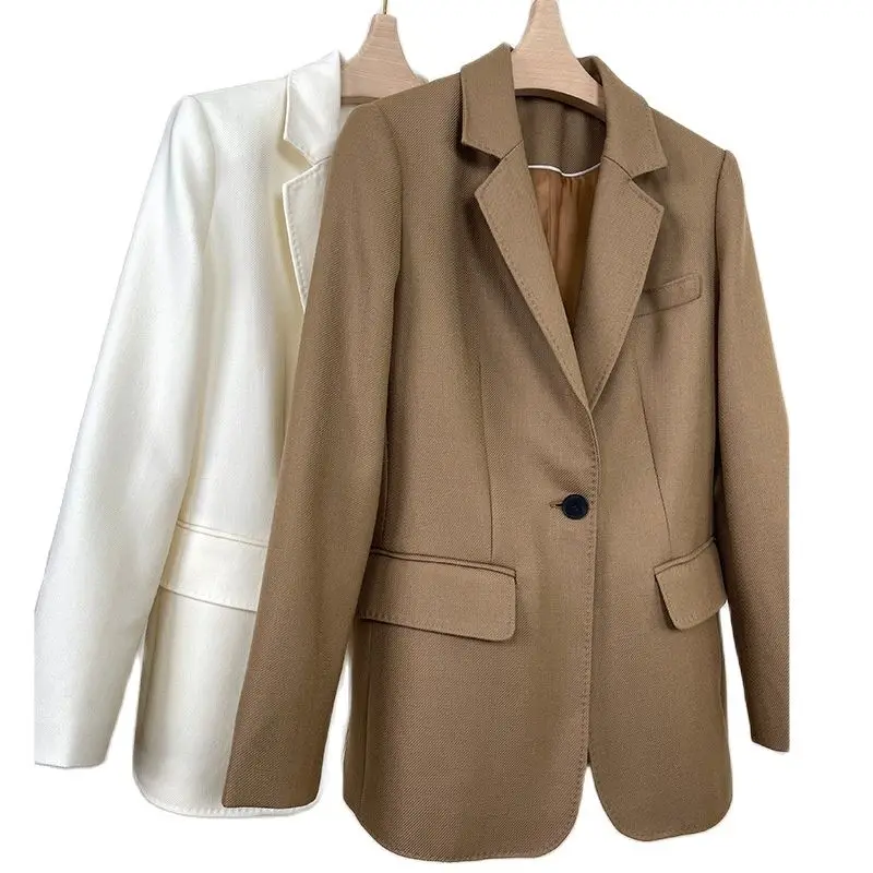 Women's Slim White Wool Suit Jacket, Classic One Button Small Suit, 100% Wool Khaki Jacket, High-End, Spring, Autumn, 2024