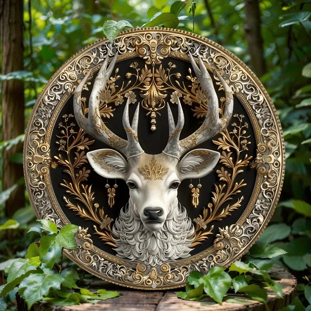 Metal decoration plate with deer head design, round and flat print, decorative gift for home, cafe and wall decoration, 2D