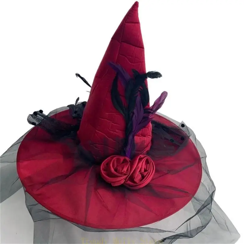 N5KB Spooky Hexenhut für Halloween Party Rose Sheer Accessory Novel Wizard