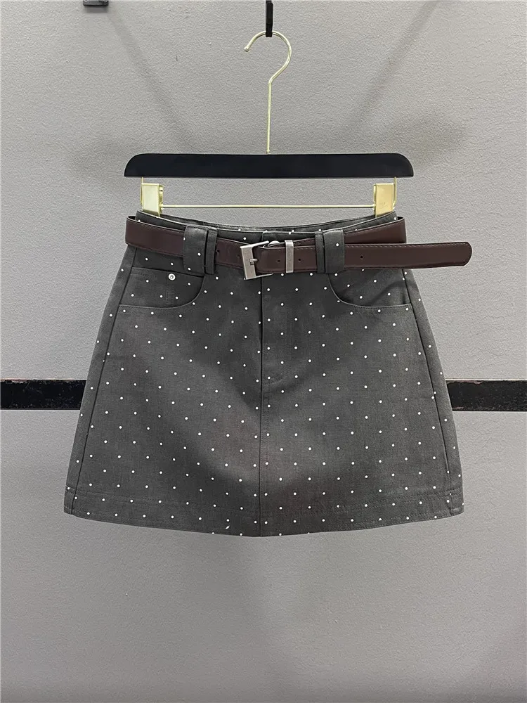 

Retro Grey Polka Dot Denim Skirt Women's Casual High Waist Slim A-Line Short Skirt Spring Summer Anti-Aging Skin-friendl...