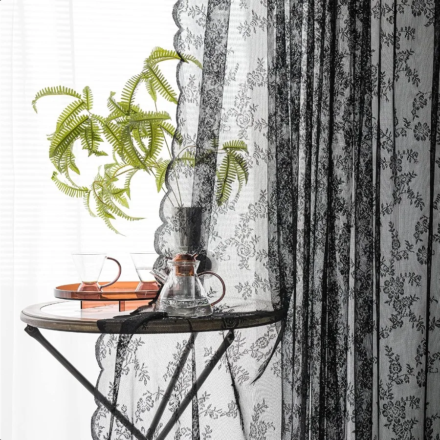Rideaux en dentelle noire, 84 pouces de Long, ensemble de 2 panneaux transparents, gothique, rétro, fleurs, Voile, traitement de fenêtre, pour chambre à coucher, salon